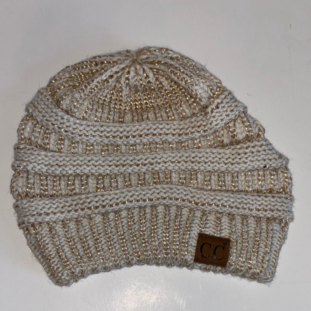 CC Boutique Cream and Gold Knit Beanie